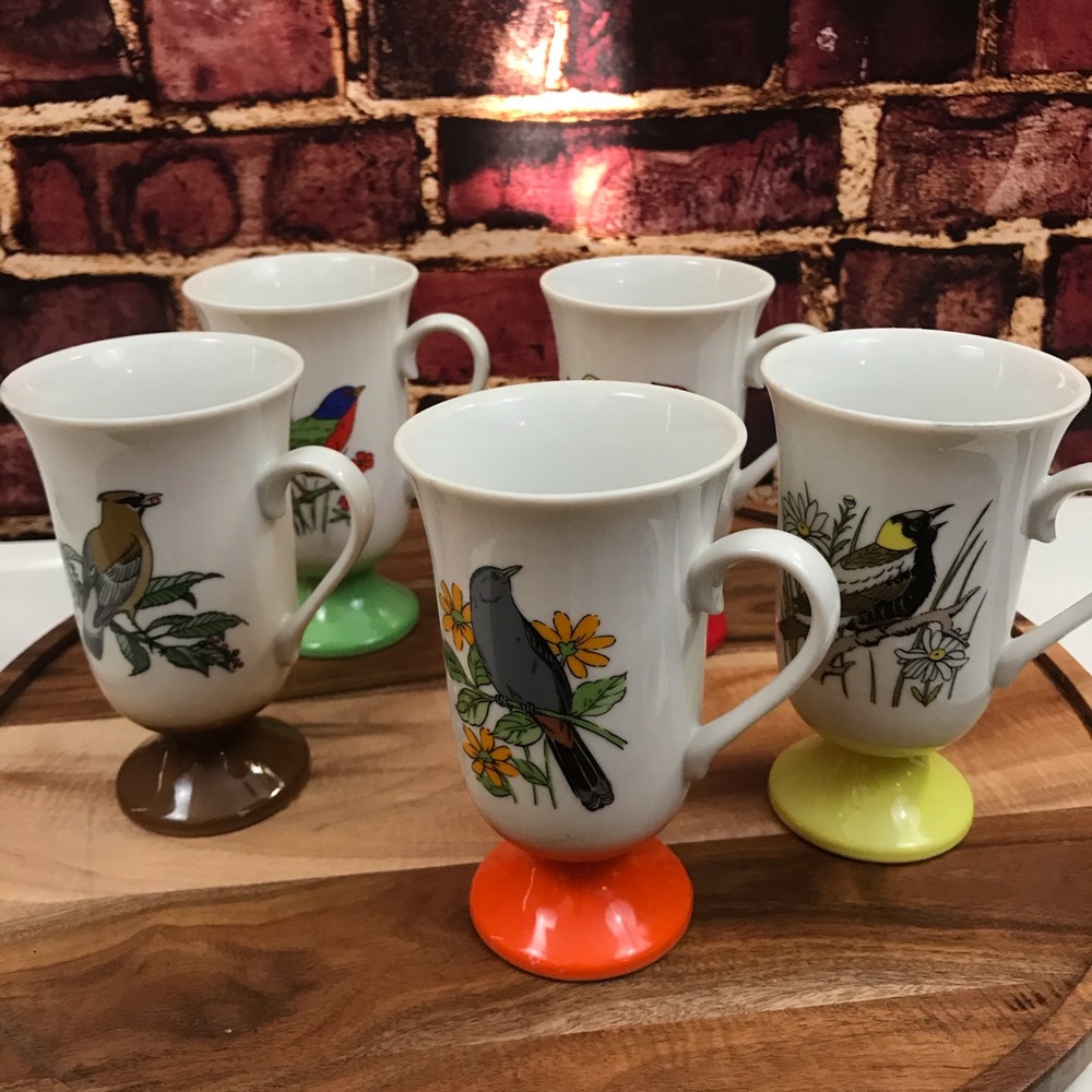 Vtg Pedestal Coffee Mugs/Cups Song Bird Porcelain